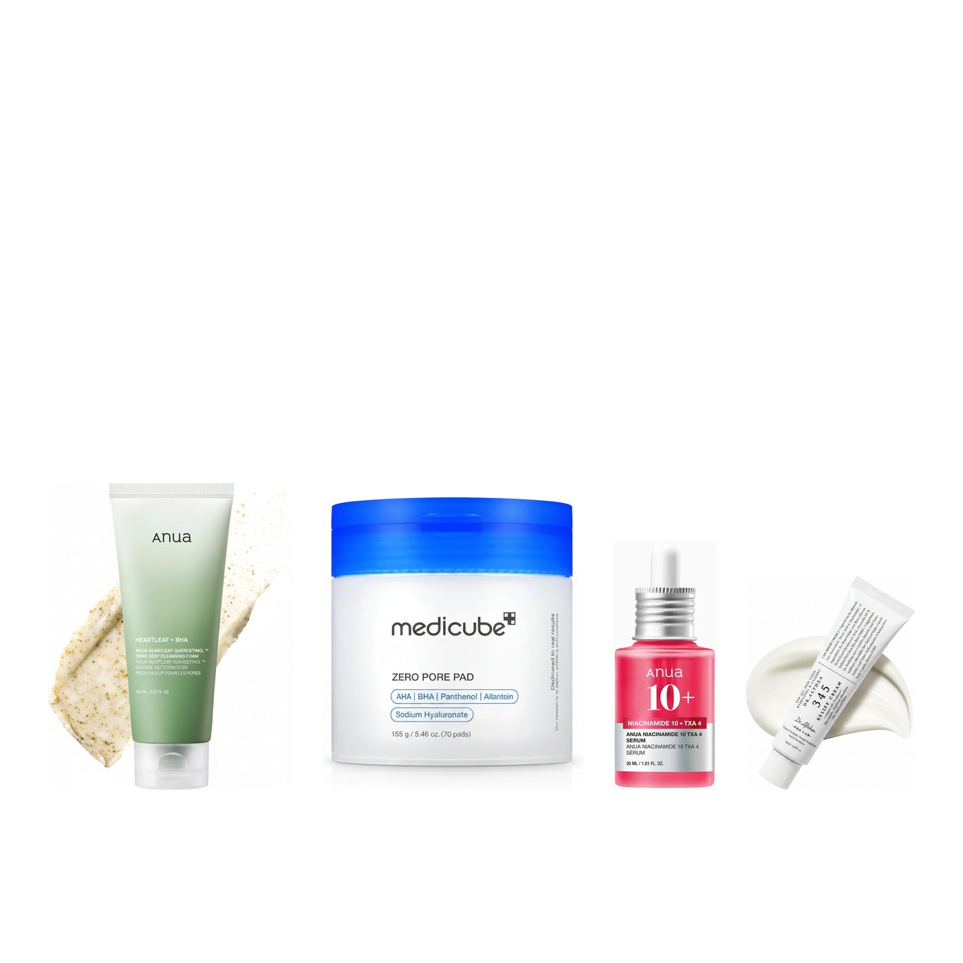 Anua Clear Skin 4-Step Routine - Anua cleansing foam, Medicube Zero Pore Pad 2.0, Anua Niacinamide TXA serum and Dr.Althea 345 Relief Cream