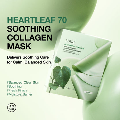Heartleaf 70 Soothing Collagen Mask box on a green background, delivering soothing care for calm, balanced skin