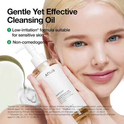 A model holding the bottle to her cheek, with claims of a low-irritation formula for sensitive skin and non-comedogenic