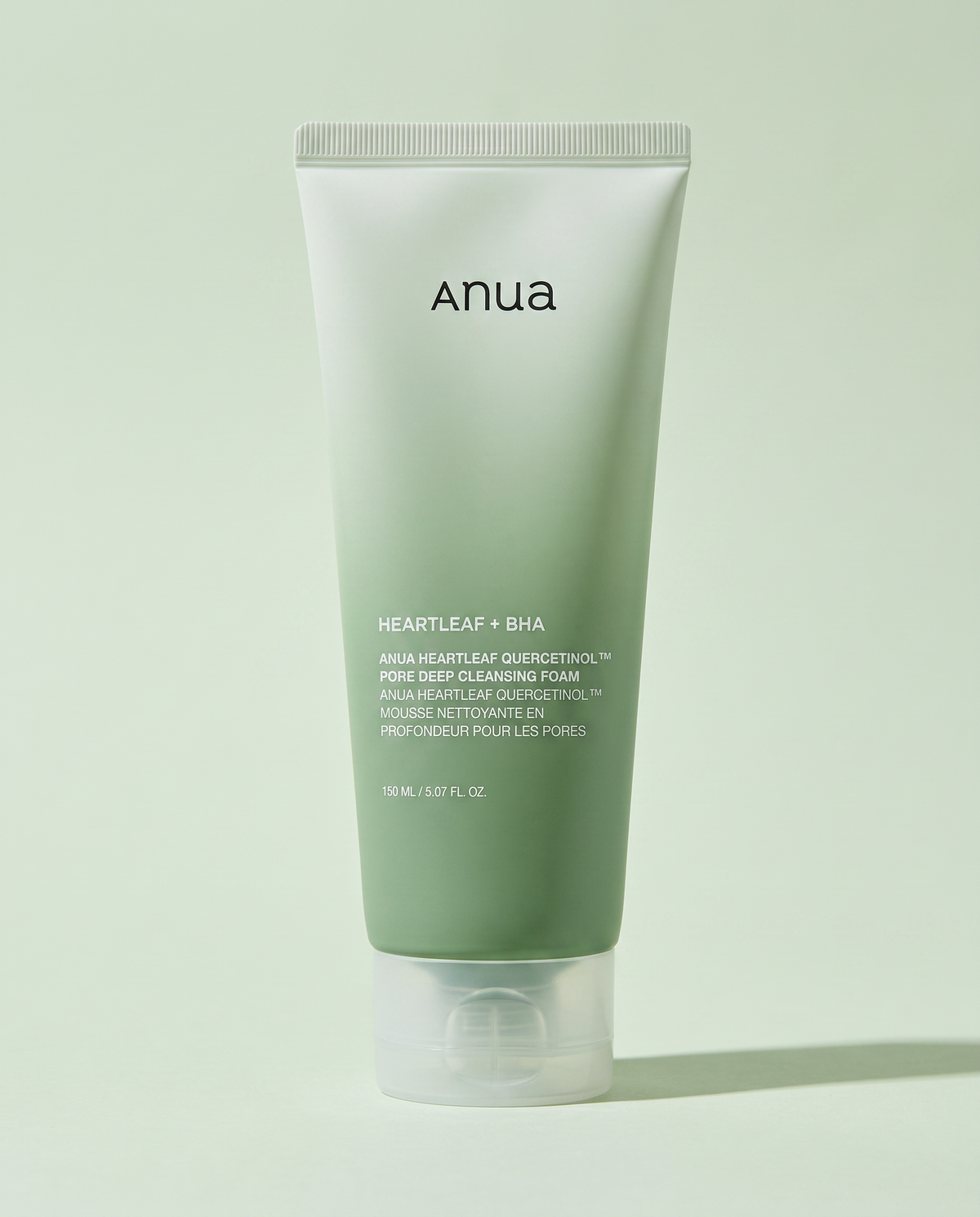 Anua Heartleaf Quercetinol Pore Deep Cleansing Foam 150ml - green cleansing foam tube on a pale green background