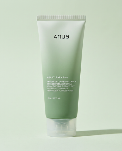 Anua Heartleaf Quercetinol Pore Deep Cleansing Foam 150ml - green cleansing foam tube on a pale green background