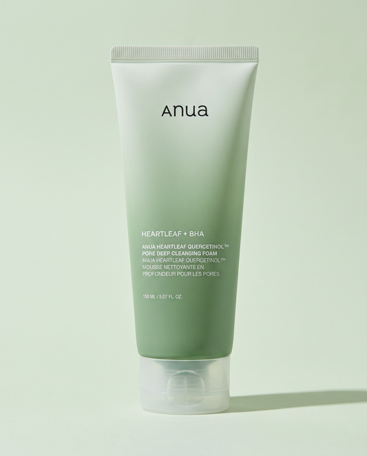 Anua Heartleaf Quercetinol Pore Deep Cleansing Foam 150ml - green cleansing foam tube on a pale green background