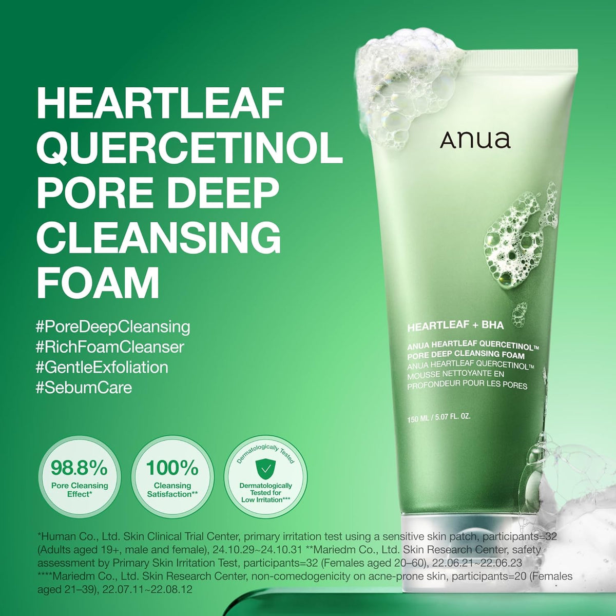 Heartleaf Quercetinol Pore Deep Cleansing Foam tube topped with foam, tagged pore deep cleansing, rich foam, gentle exfoliation and sebum care, with 98.8% pore cleansing effect