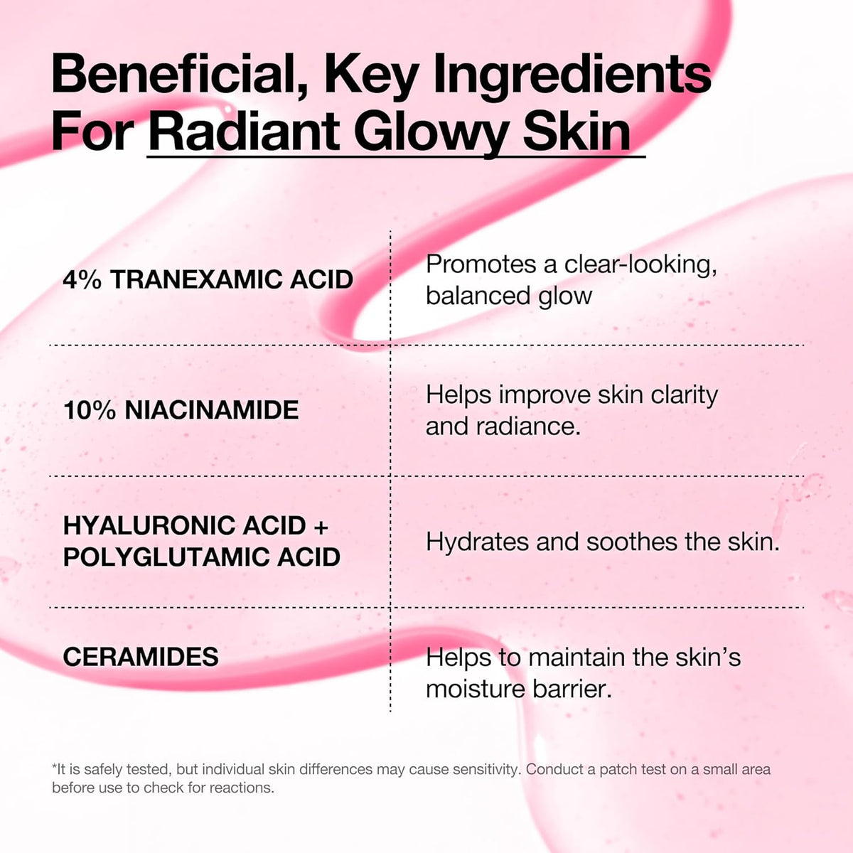 Key ingredients for radiant skin: 4% tranexamic acid, 10% niacinamide, hyaluronic and polyglutamic acid, and ceramides