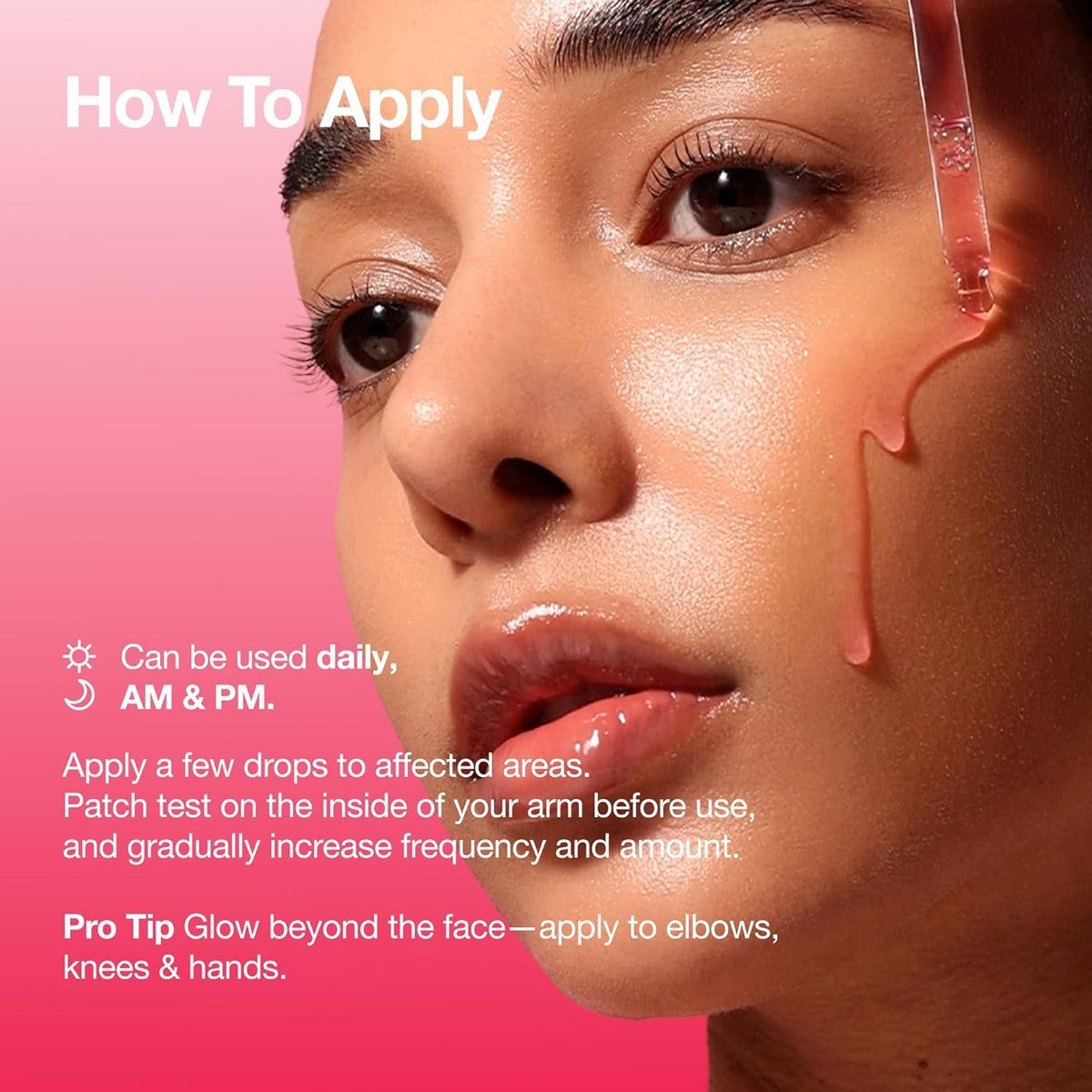 How to apply: serum dripping from the dropper onto a model's face, a few drops on affected areas, usable daily morning and night