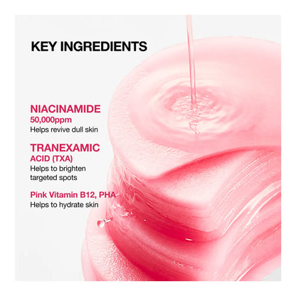 Key ingredients on a stack of pink pads: 50,000 ppm niacinamide, tranexamic acid, and pink vitamin B12 and PHA