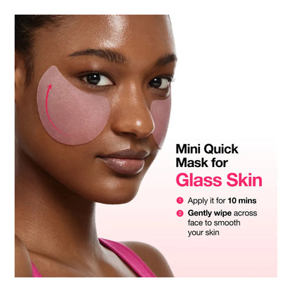 A model with a curved pad under her eye: a mini quick mask for glass skin, applied for ten minutes then wiped across the face