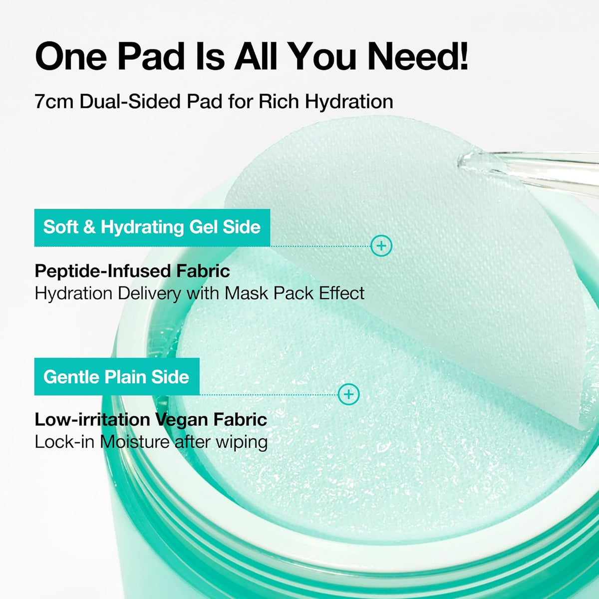 One pad is all you need: a 7 cm dual-sided pad with a soft hydrating gel side and a gentle plain side