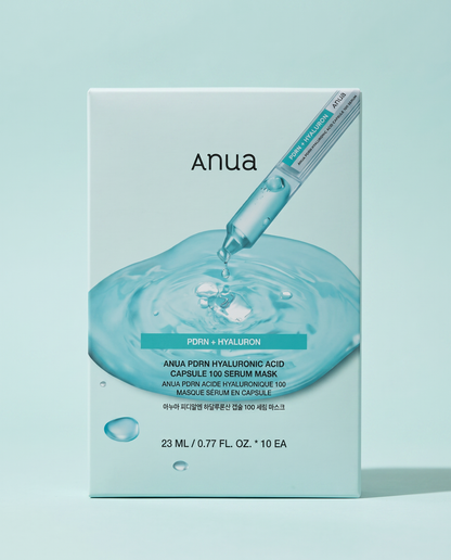 Anua PDRN Hyaluronic Acid Capsule 100 Serum Sheet Mask 10 Sheets - blue carton on a mint background