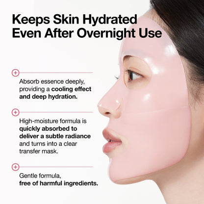 A model wearing the pink collagen mask in profile: keeps skin hydrated even after overnight use, cooling and quickly absorbed