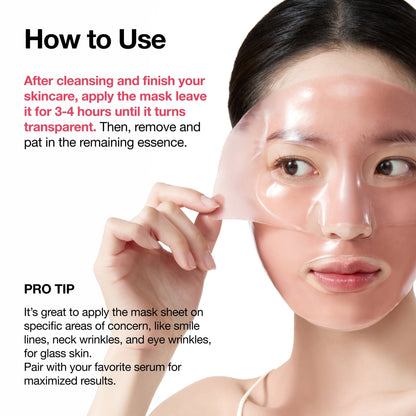 How to use: a model peeling off the transparent mask after three to four hours, with a tip to use it on smile lines, neck and eye wrinkles
