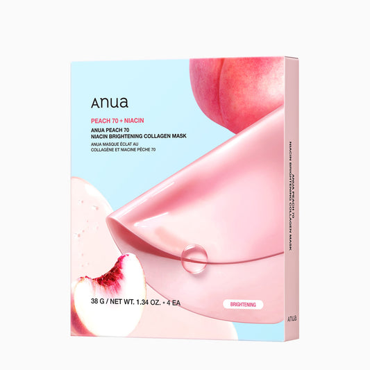 Anua Peach 70% Niacin Brightening Collagen Sheet Mask 4 Sheets on a plain white background