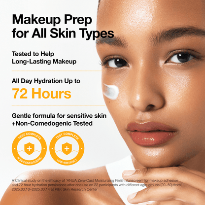 Anua Zero-Cast Sunscreen SPF50 50ml - model with a stripe of sunscreen on her cheek beside a makeup prep panel