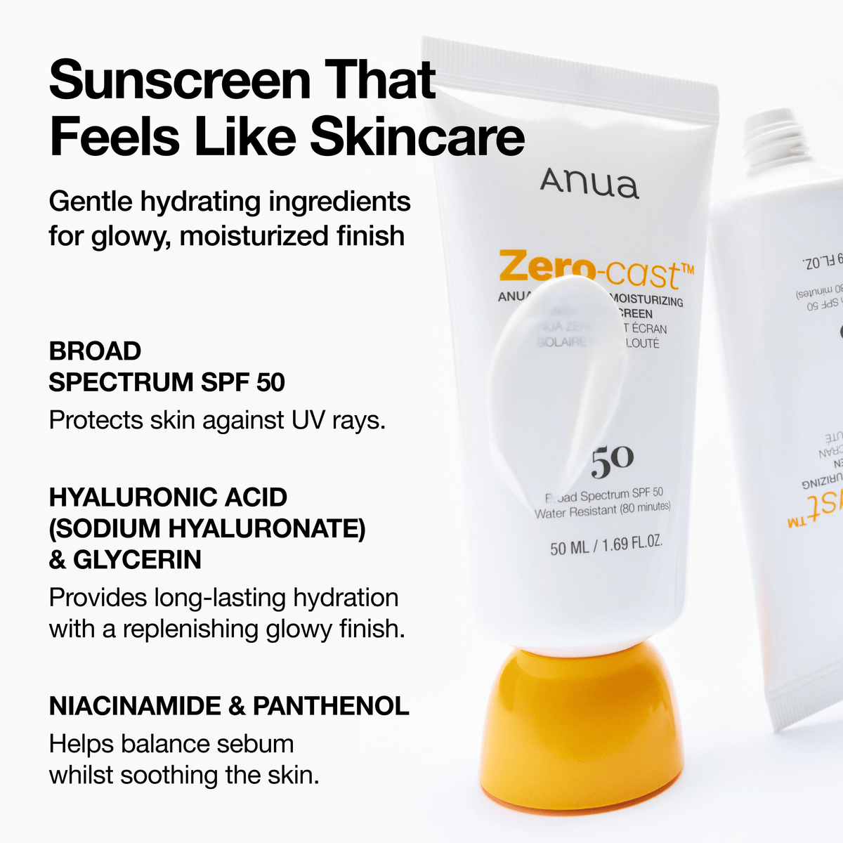 Anua Zero-Cast Sunscreen SPF50 50ml - sunscreen tube on its cap beside an ingredient benefits panel