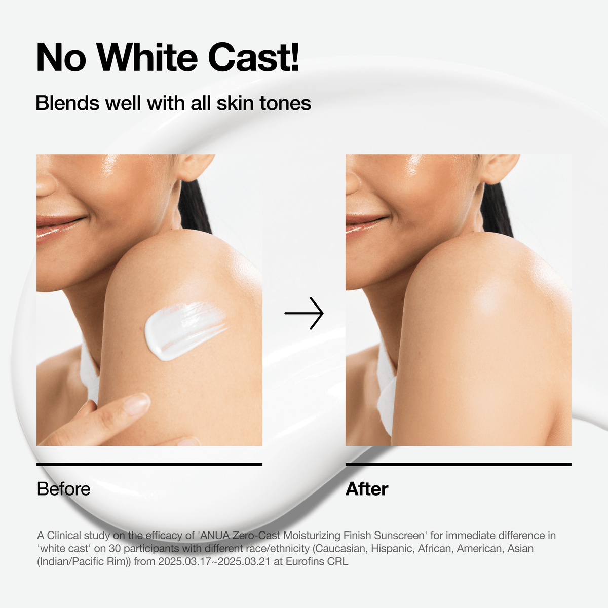 Anua Zero-Cast Sunscreen SPF50 50ml - before and after swatches on skin under a no white cast panel