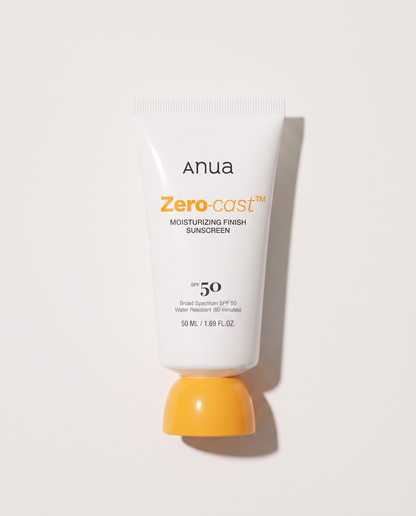 Anua Zero-Cast Sunscreen SPF50 50ml - sunscreen tube standing on its yellow cap, white background
