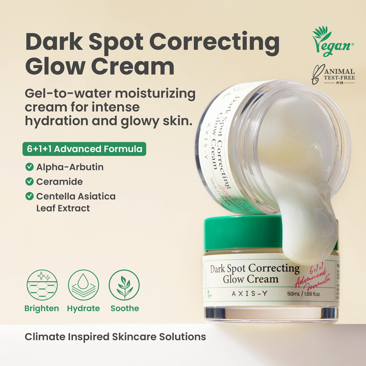 AXIS-Y Dark Spot Correcting Glow Cream 50ml - open jar with cream spilling beside a product description panel