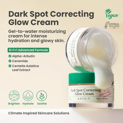 AXIS-Y Dark Spot Correcting Glow Cream 50ml - open jar with cream spilling beside a product description panel
