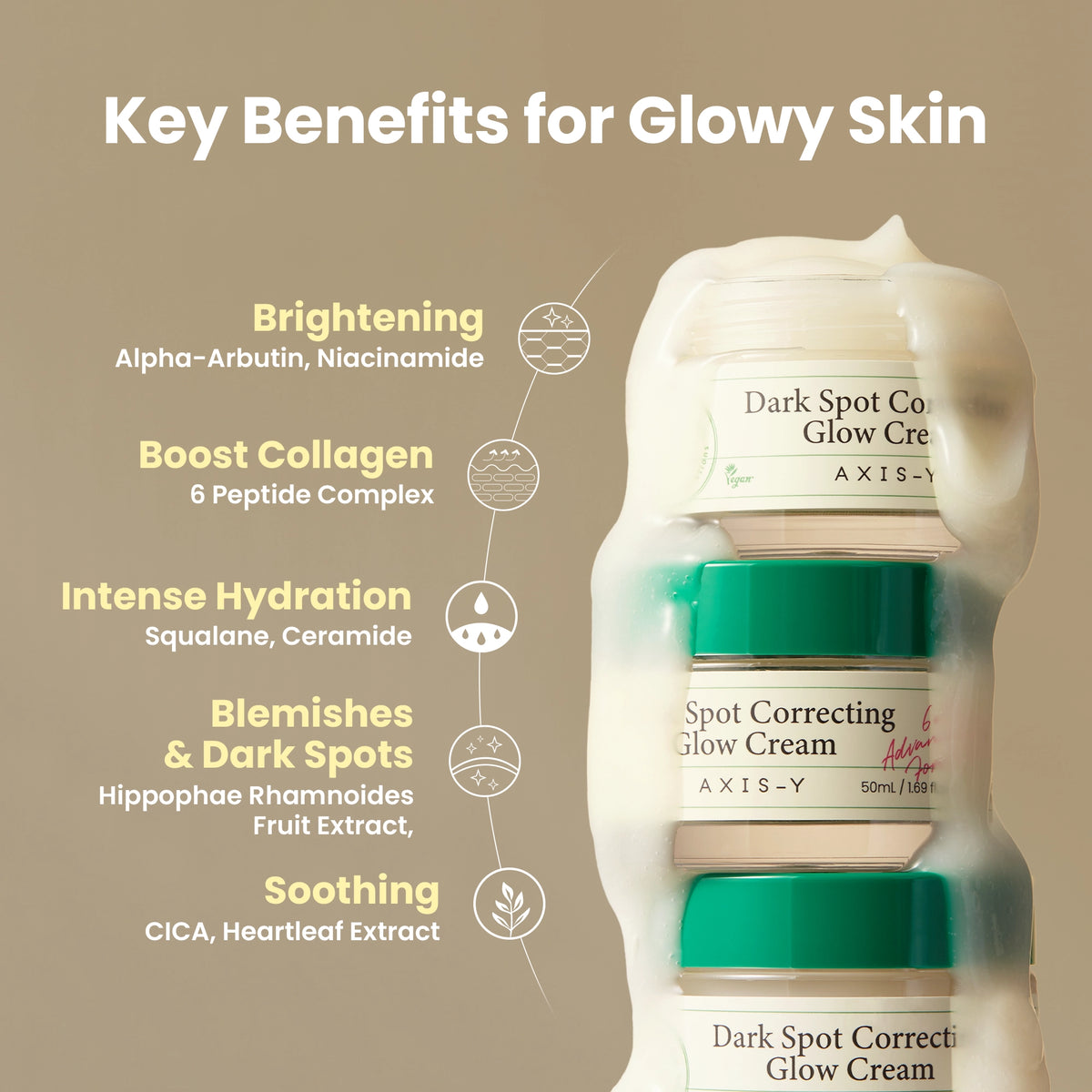 AXIS-Y Dark Spot Correcting Glow Cream 50ml - stacked jars beside a key benefits for glowy skin panel