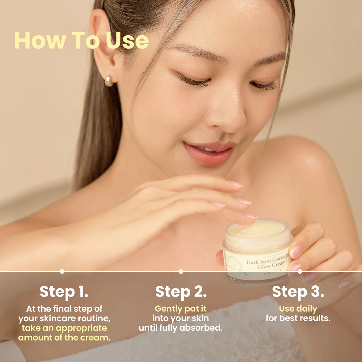 AXIS-Y Dark Spot Correcting Glow Cream 50ml - model applying the cream beside a three step how to use panel