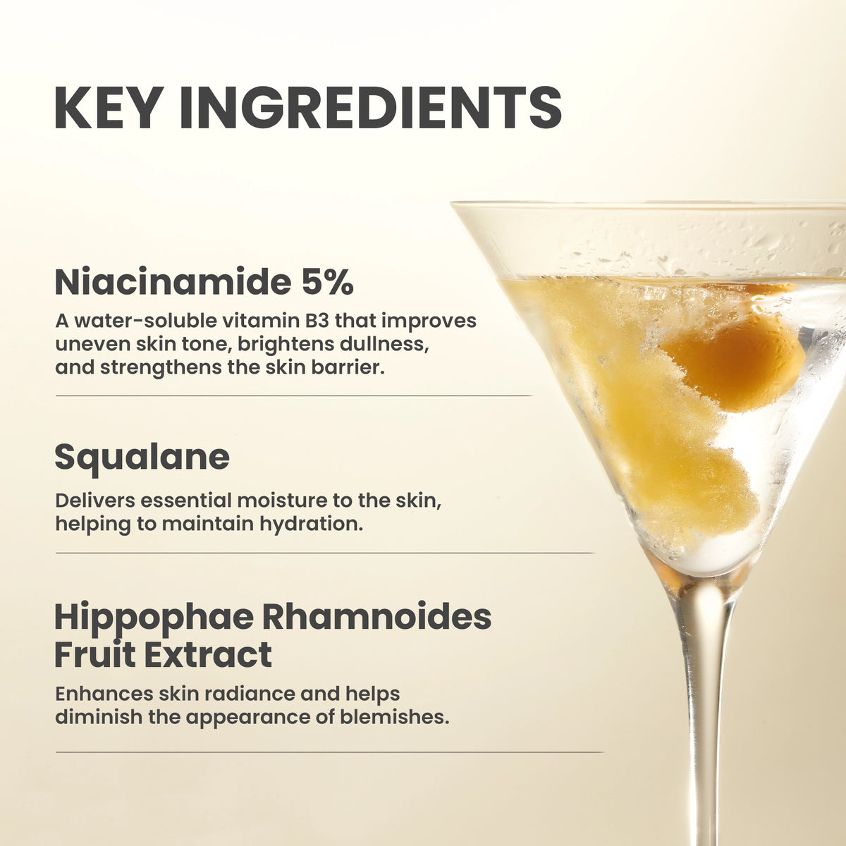 AXIS-Y Dark Spot Correcting Glow Serum 50ml - key ingredients panel with a cocktail glass illustration