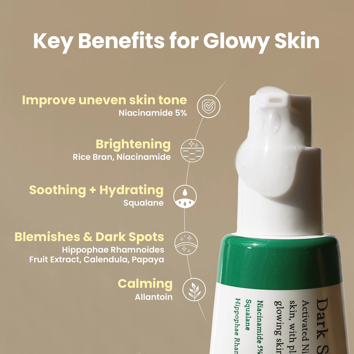 AXIS-Y Dark Spot Correcting Glow Serum 50ml - pump bottle beside a key benefits for glowy skin panel