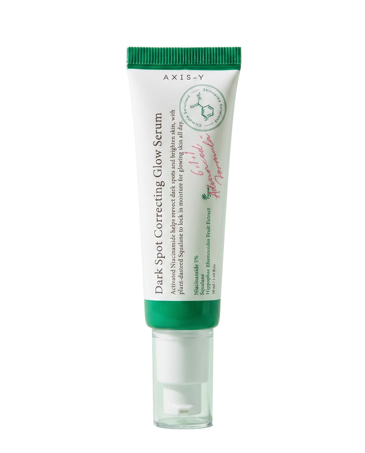 AXIS-Y Dark Spot Correcting Glow Serum 50ml - white serum tube on a pale green background