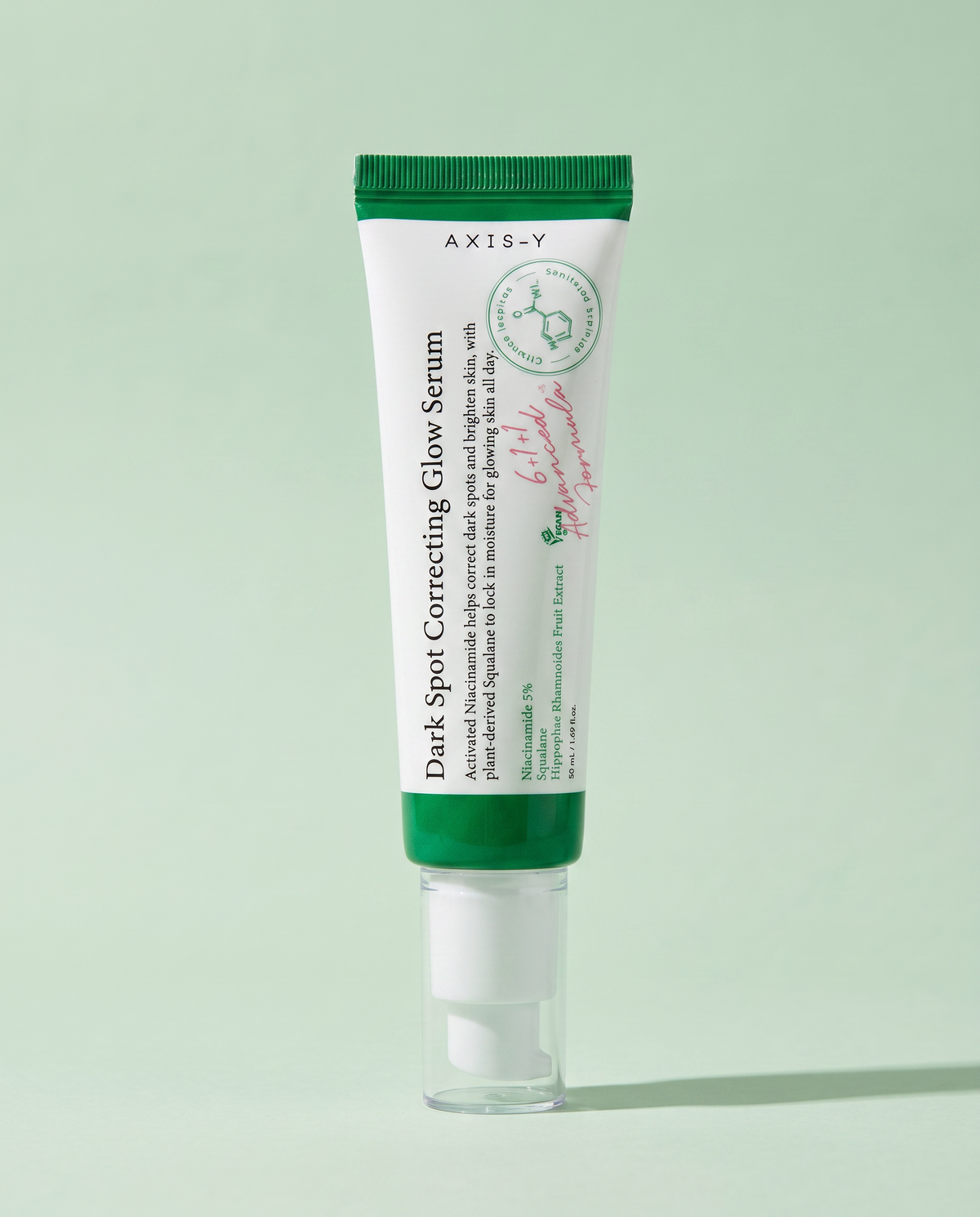 AXIS-Y Dark Spot Correcting Glow Serum 50ml - white serum tube, front label, green background