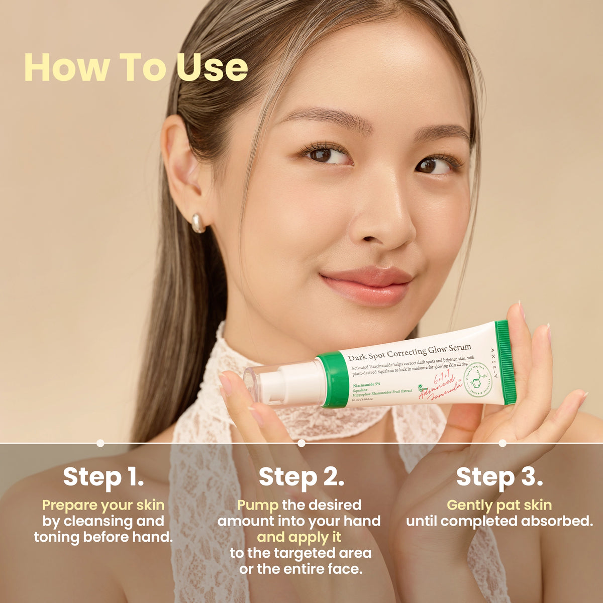 AXIS-Y Dark Spot Correcting Glow Serum 50ml - model holding the serum beside a three step how to use panel