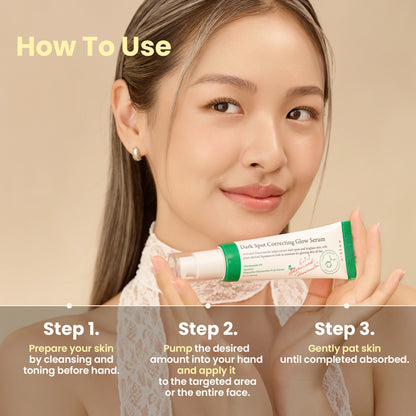 AXIS-Y Dark Spot Correcting Glow Serum 50ml - model holding the serum beside a three step how to use panel