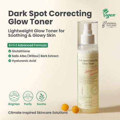 AXIS-Y Dark Spot Correcting Glow Toner 125ml - toner bottle beside a product description panel
