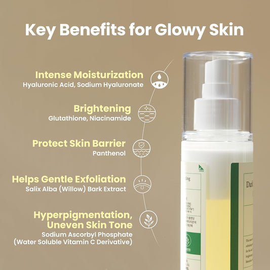 Key benefits for glowy skin beside the bottle: intense moisturisation, brightening, barrier protection, gentle exfoliation, hyperpigmentation