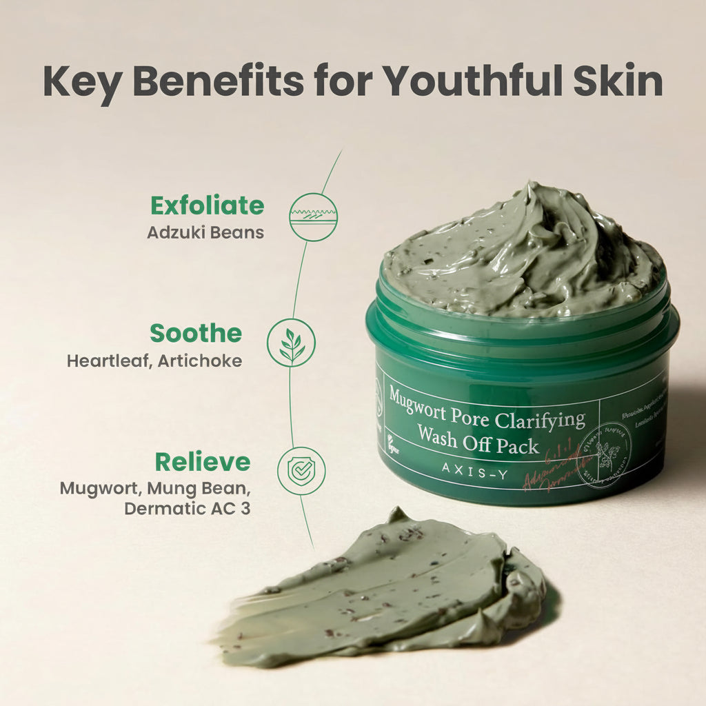 Key benefits beside the jar and a swipe of green clay: exfoliate with adzuki beans, soothe with heartleaf and artichoke, relieve with mugwort and mung bean