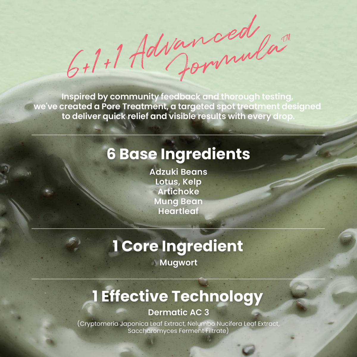 AXIS-Y Mugwort Pore Clarifying Mask 100ml - advanced formula ingredient panel over a green gel texture
