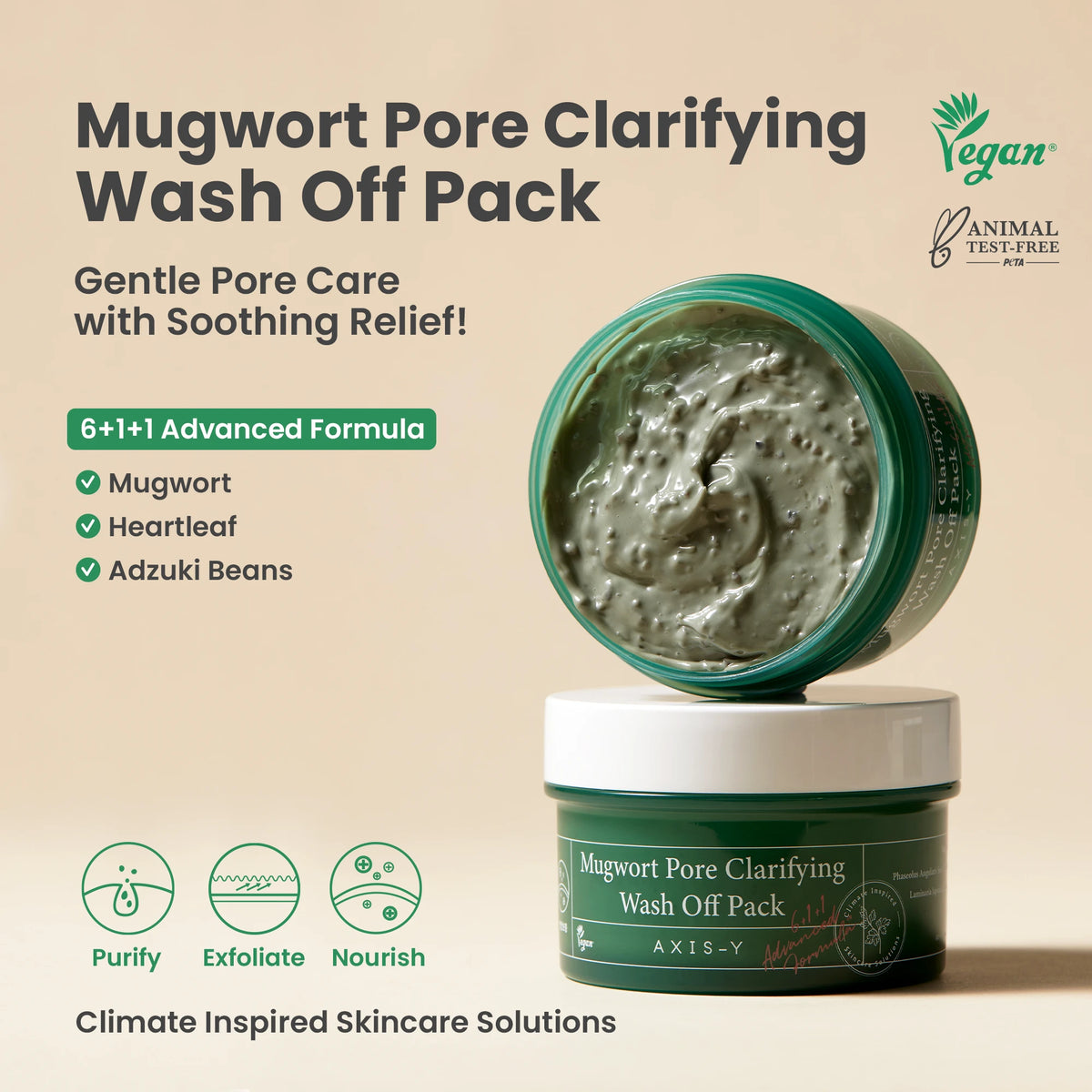 AXIS-Y Mugwort Pore Clarifying Mask 100ml - open jar and swatch beside a product description panel