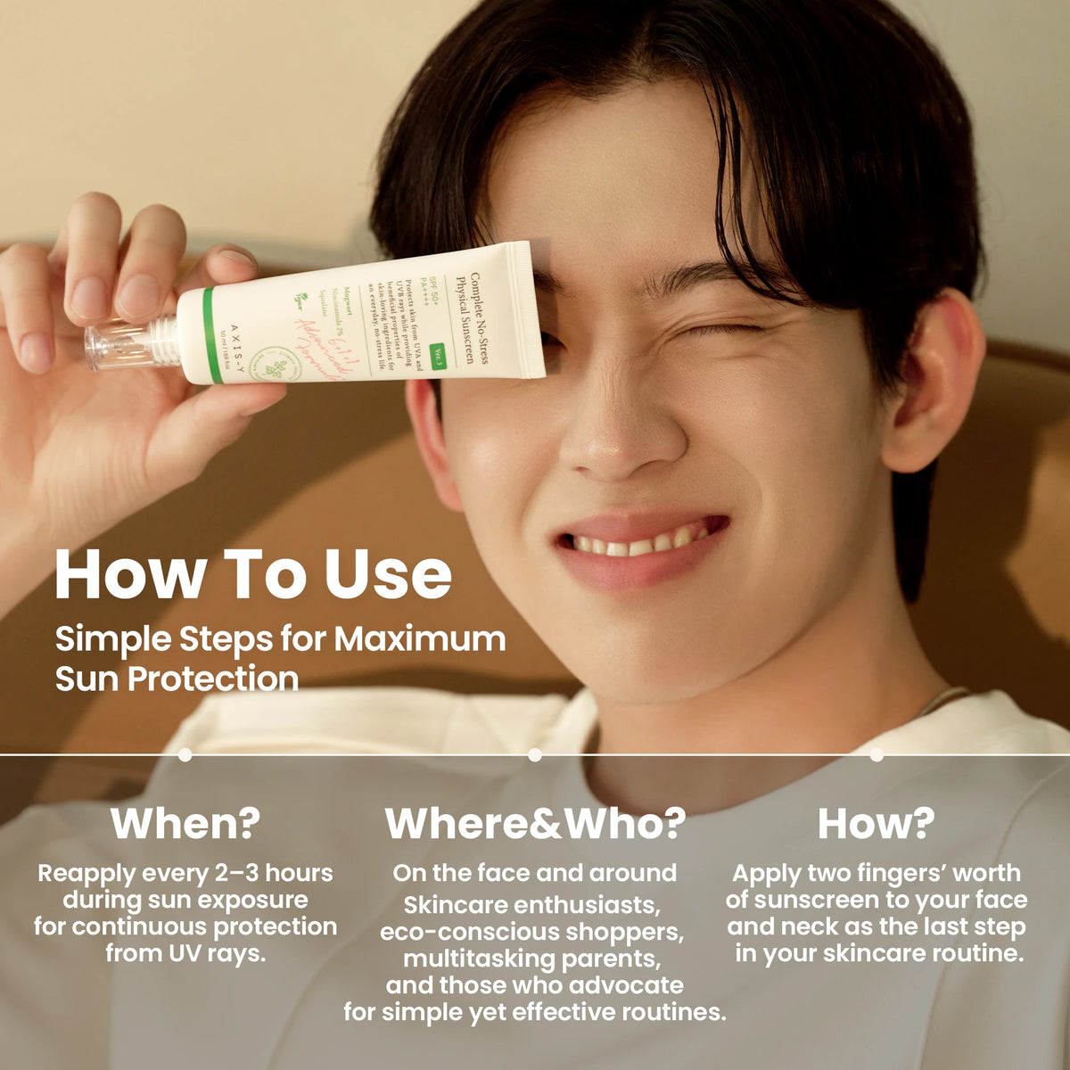 AXIS-Y No-Stress Physical Sunscreen SPF50 50ml - model holding the sunscreen beside a how to use panel