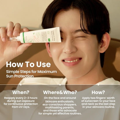 AXIS-Y No-Stress Physical Sunscreen SPF50 50ml - model holding the sunscreen beside a how to use panel