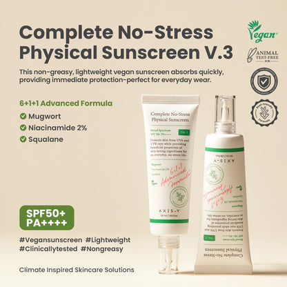 AXIS-Y No-Stress Physical Sunscreen SPF50 50ml - sunscreen tube and carton beside a formula summary panel
