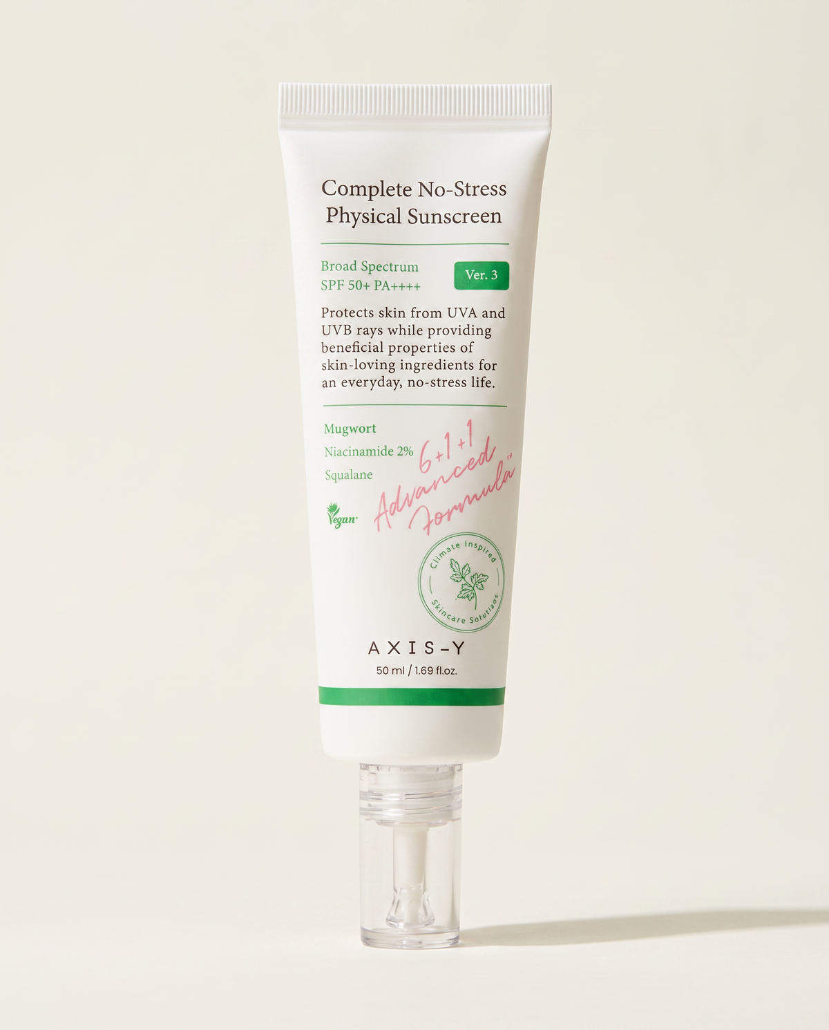 AXIS-Y No-Stress Physical Sunscreen SPF50 50ml - white sunscreen tube, front label, pale green background