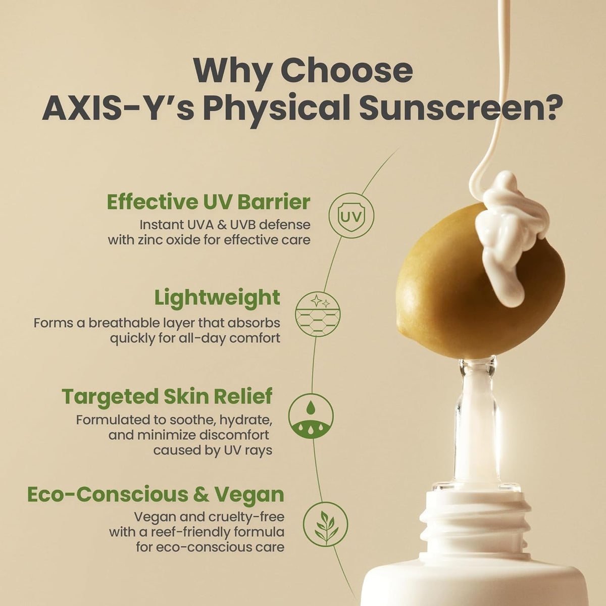 Why choose the physical sunscreen, beside cream on a fruit: effective UV barrier with zinc oxide, lightweight, targeted skin relief, eco-conscious and vegan