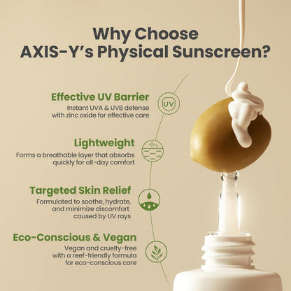 Why choose the physical sunscreen, beside cream on a fruit: effective UV barrier with zinc oxide, lightweight, targeted skin relief, eco-conscious and vegan