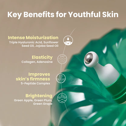AXIS-Y Vegan Collagen Eye Serum 10ml - key benefits for youthful skin panel beside green foliage