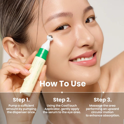 AXIS-Y Vegan Collagen Eye Serum 10ml - model applying the eye serum beside a how to use panel