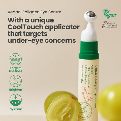 Vegan Collagen Eye Serum with its CoolTouch metal applicator, targeting fine lines, brightening and hydrating, vegan and animal test-free