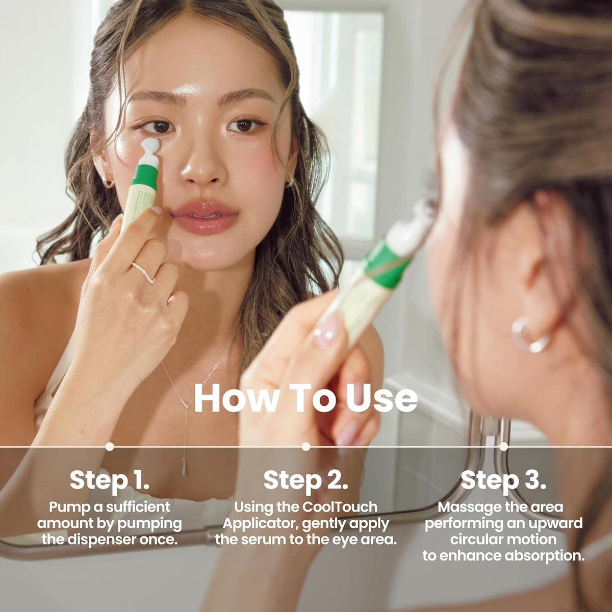 A model applying the eye serum in a mirror, with the three-step how to use