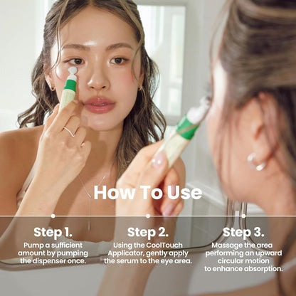A model applying the eye serum in a mirror, with the three-step how to use