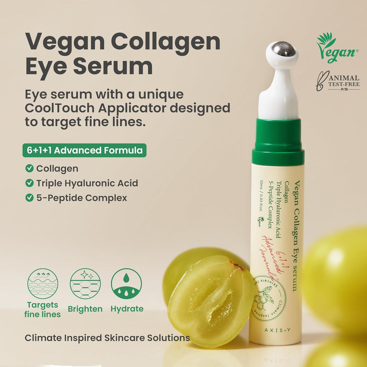 Vegan Collagen Eye Serum with its six-plus-one-plus-one formula: collagen, triple hyaluronic acid and a five-peptide complex