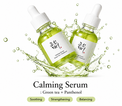 Two Calming Serum bottles in a green water splash, green tea plus panthenol for soothing, strengthening and balancing