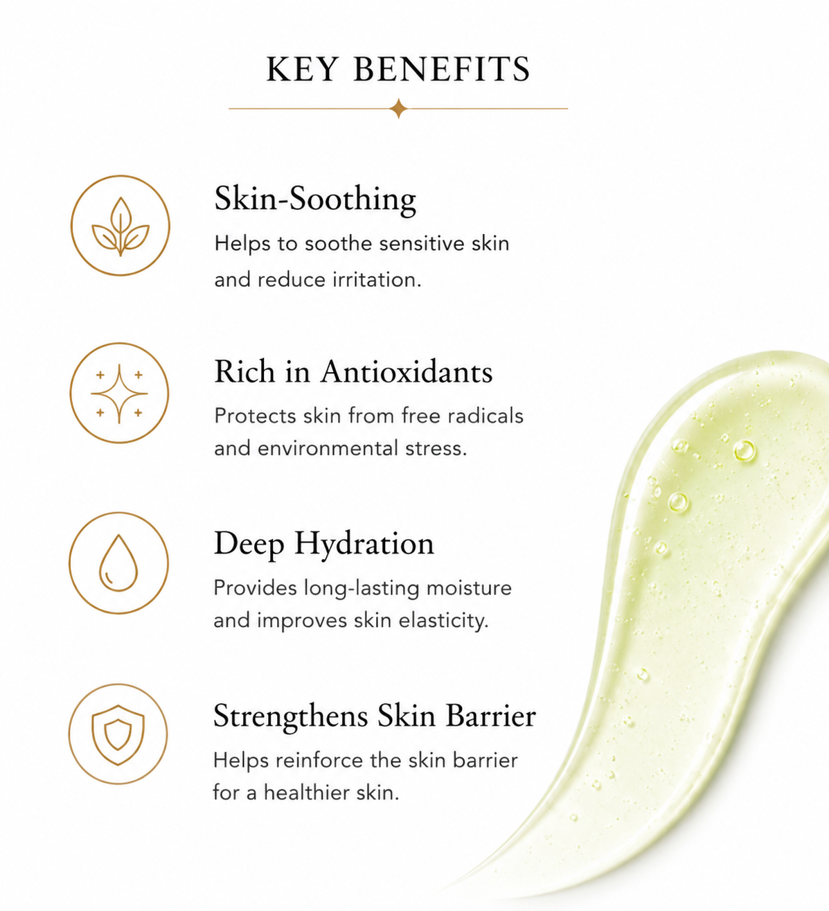 Key benefits beside a swirl of green serum: skin-soothing, rich in antioxidants, deep hydration, strengthens the skin barrier