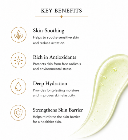 Key benefits beside a swirl of green serum: skin-soothing, rich in antioxidants, deep hydration, strengthens the skin barrier